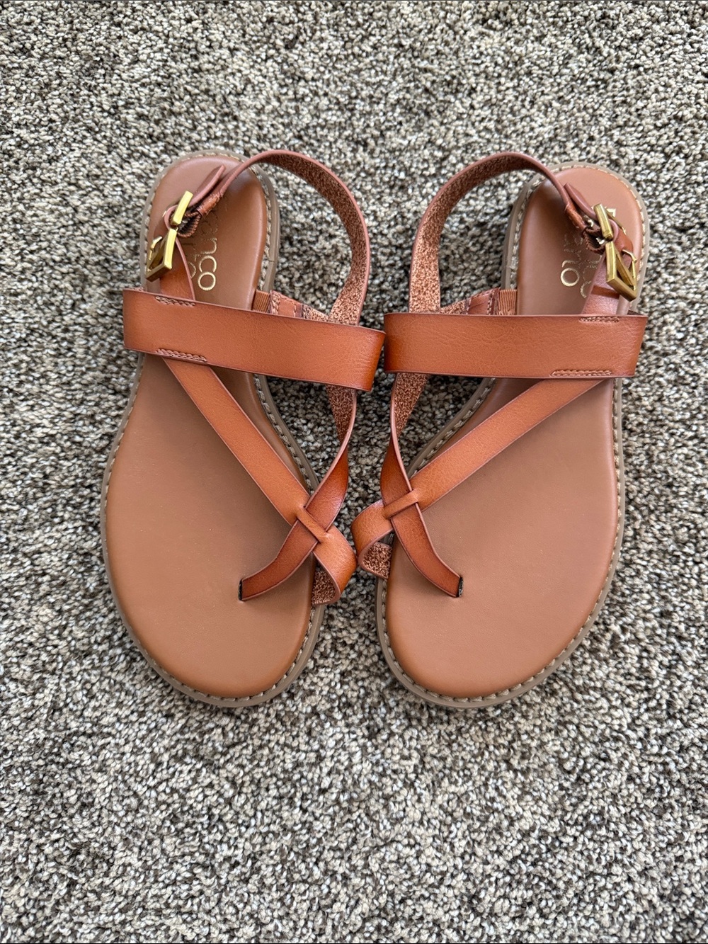 Franco Sarto Brown Leather Knot-Strap Sandals with Gold Buckles